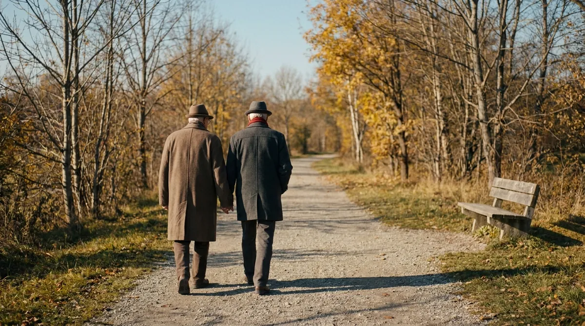 Ein älteres Paar geht Hand in Hand einen Waldweg entlang, Herbstnachmittag, im Hintergrund eine Bank
