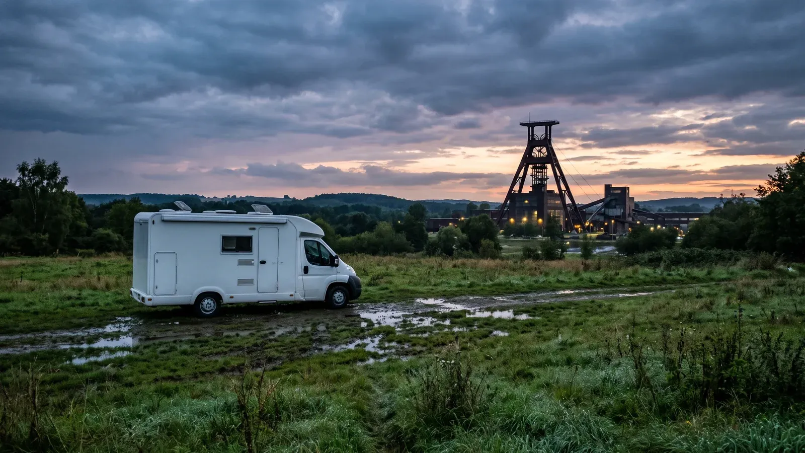 Weißes Wohnmobil auf nasser Wiese, Fördergerüst am Abendhimmel