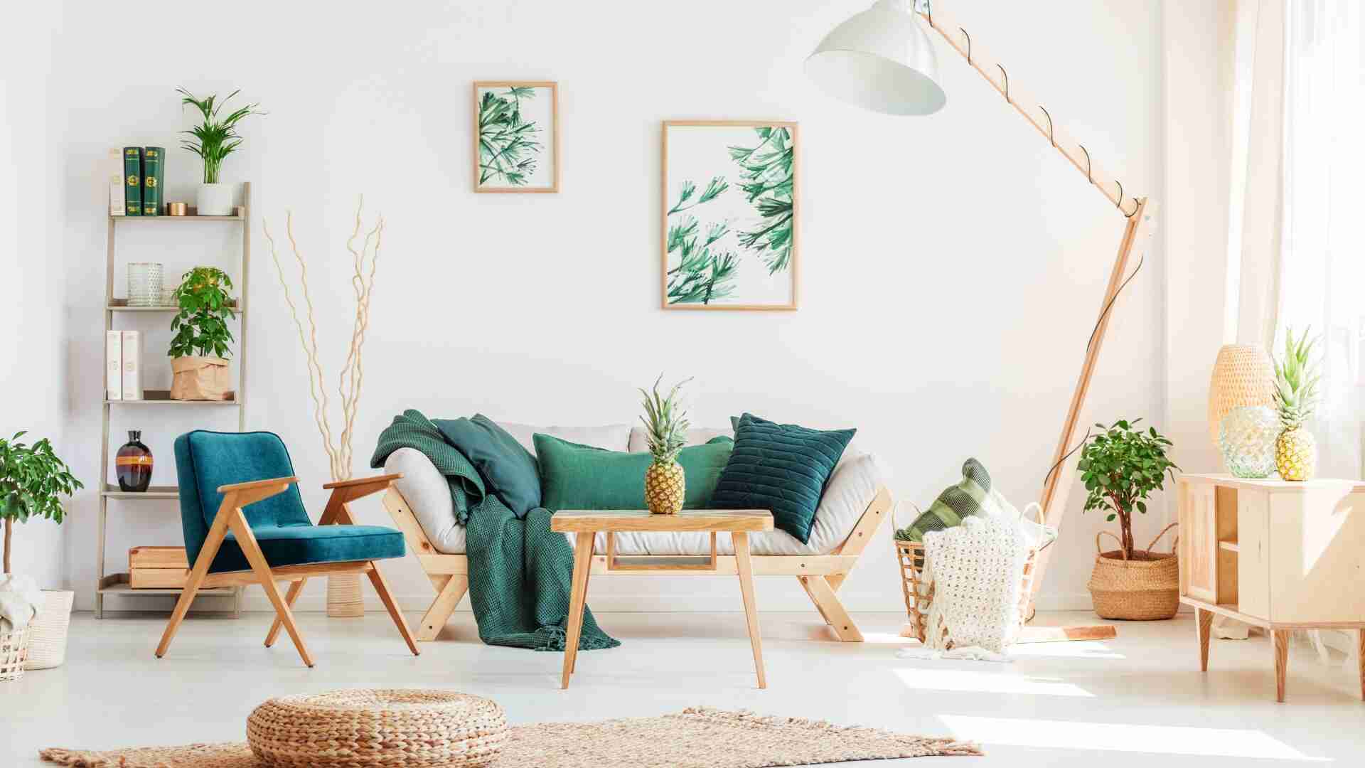 Ein modernes Wohnzimmer mit einer Couch, einem Sessel und Pflanzen in verschiedenen Töpfen.